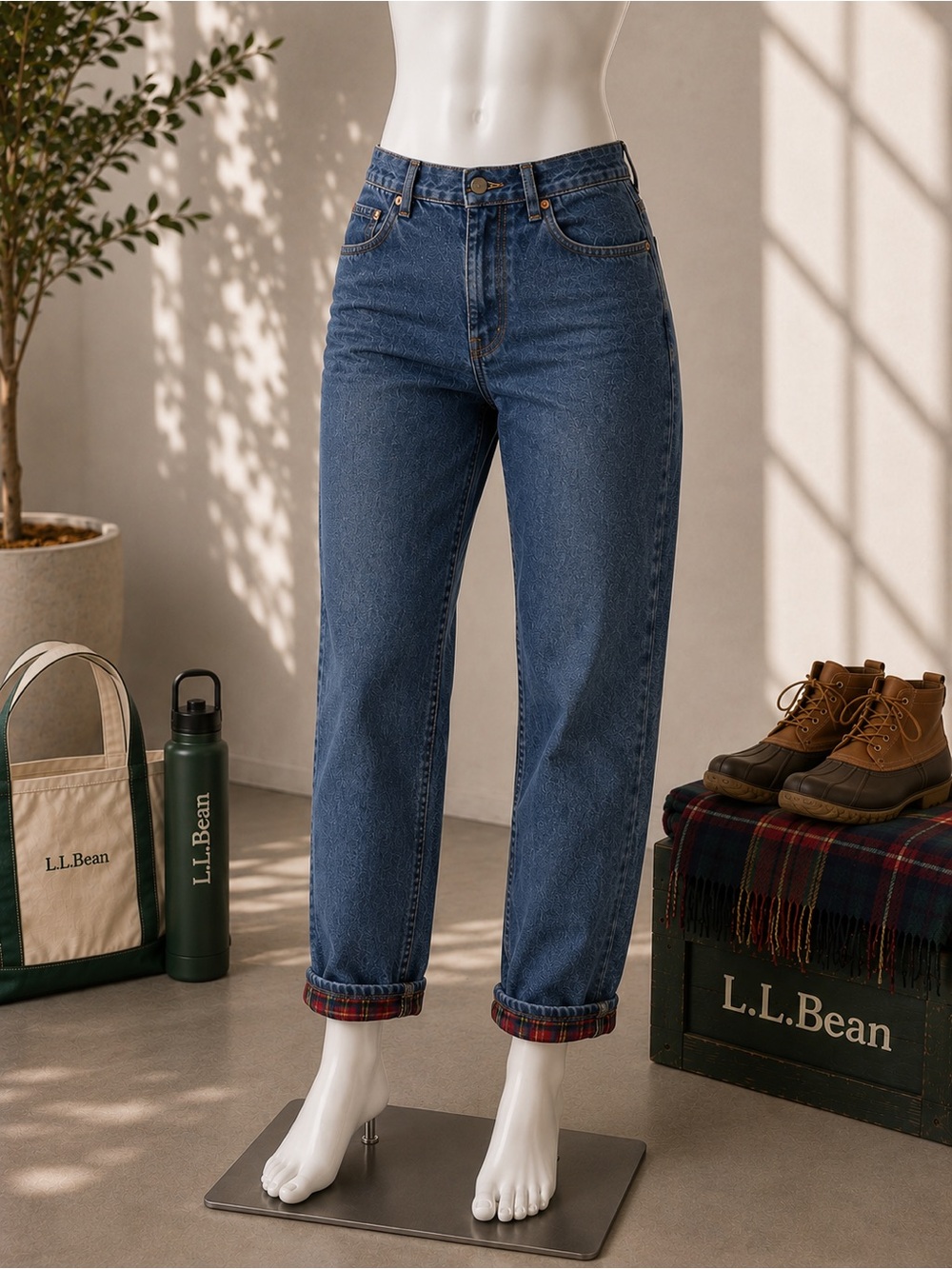 Vintage L.L.Bean Flannel Lined Jeans 24x30 XS Plaid Cuffed Western Mom Jeans
